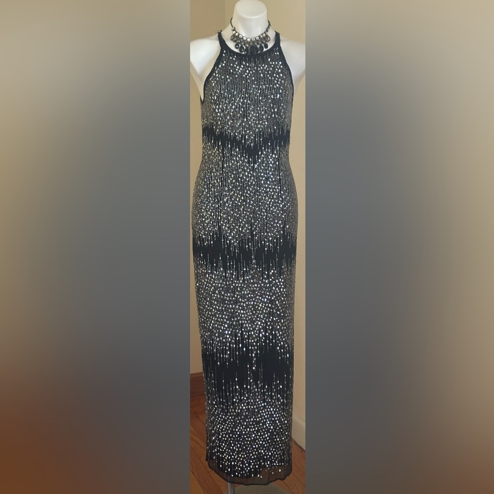 STENAY Black & Silver Sequence 100% Silk Maxi Tall Dress Long Split In Back Sz 8